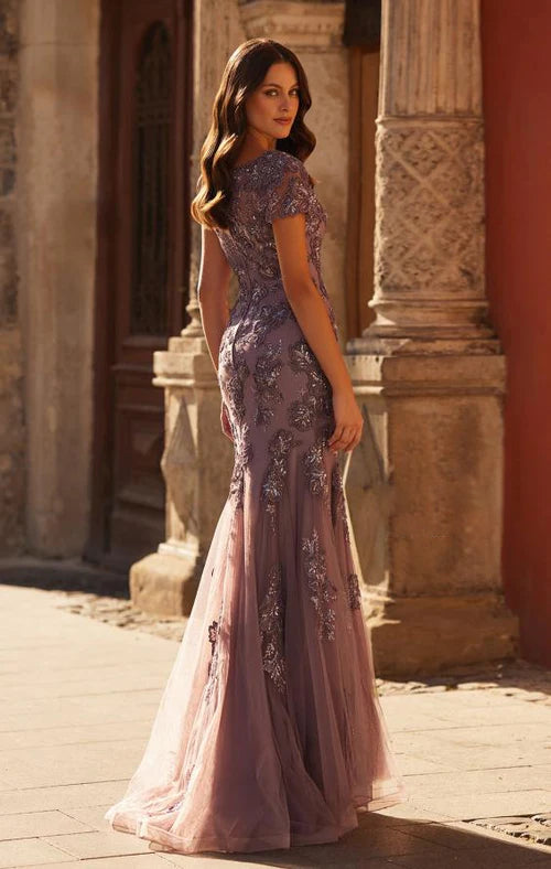 V Neck Lace Appliqué Short Sleeve Dusty Lilac Tulle Mermaid Chapel Train Prom Dresses