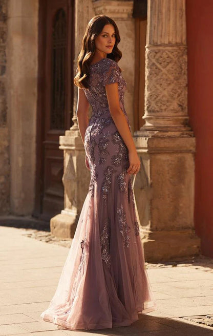 V Neck Lace Appliqué Short Sleeve Dusty Lilac Tulle Mermaid Chapel Train Prom Dresses