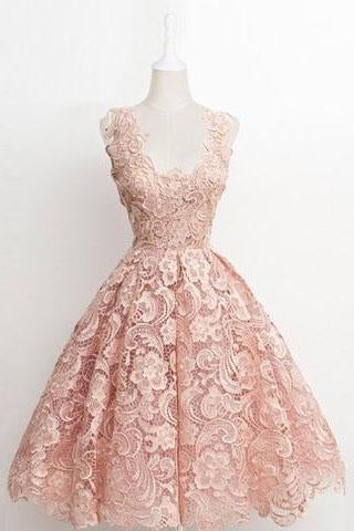 Retro A-line scallop edge knee length lace light pink ball return party dress