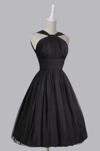 Retro A-line shoulder strap knee length chiffon belt backless black return party dress