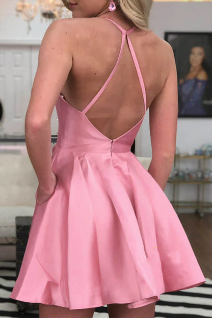 Retro Pink Sleeveless Headband Satin A-line Back to School Party Dress