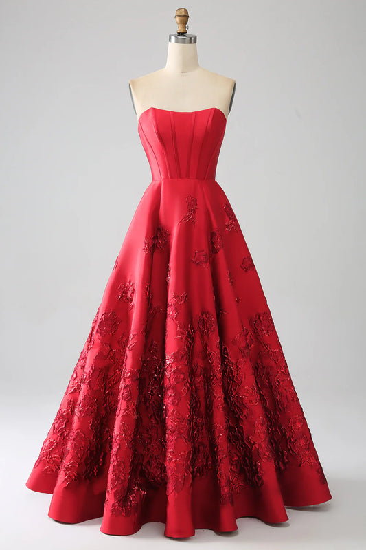 Elegant and Beautiful Princess A-line Strapless Deep Red Long Ball Dress with 3D Flowers