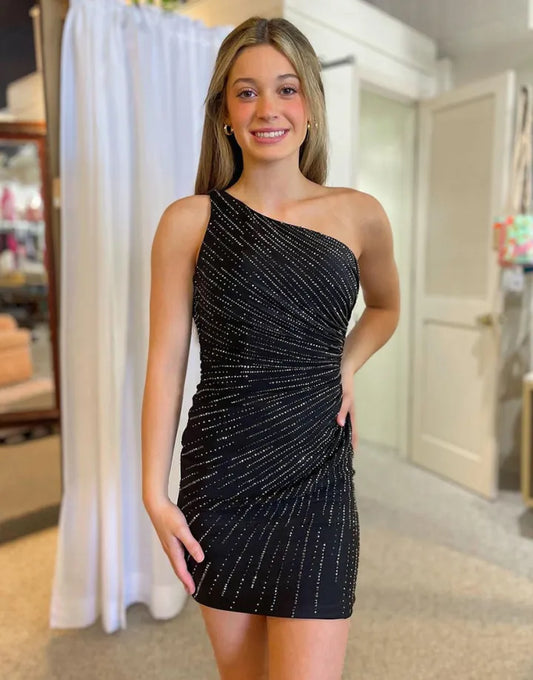 Black Sparkling Sexy One Shoulder Tight Back to School Dress