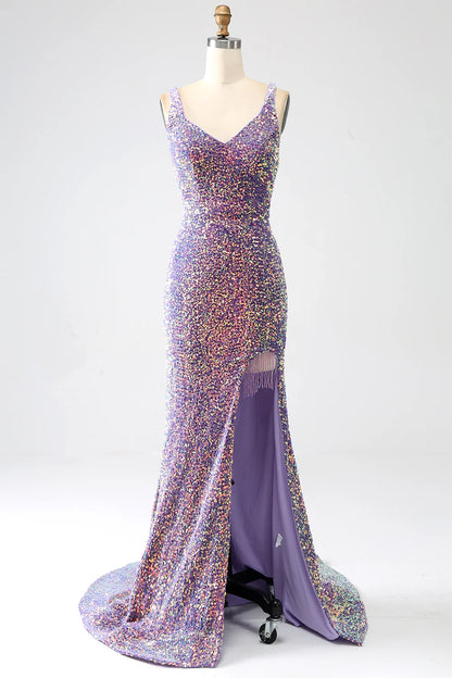 Sparkling and sexy mermaid light purple sequin split ball dress