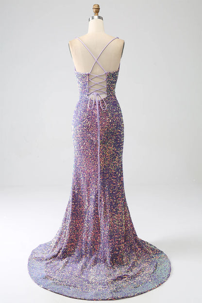 Sparkling and sexy mermaid light purple sequin split ball dress
