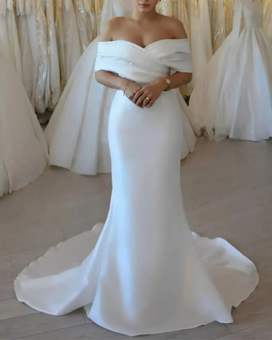 Off The Shoulder Pleated Satin Wedding Dress