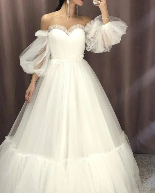 Flowy Tulle Boho Wedding Dress Off Shoulder