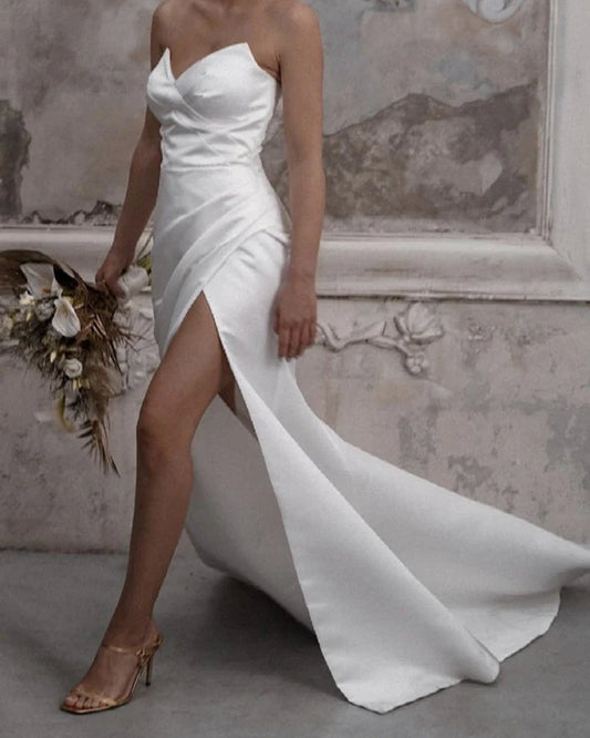 Sleek Wedding Dresses Satin V Neck Split