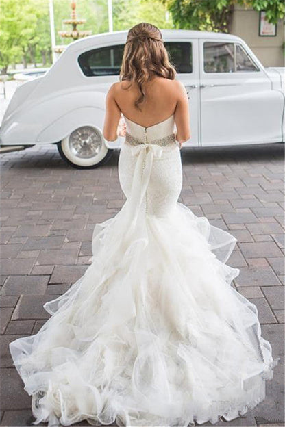 Mermaid transparent stiff gauze wedding dress elegant bridal gown with belt