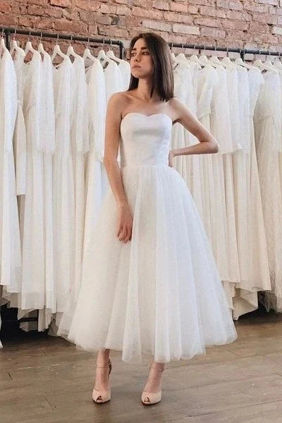 High grade white elegant ankle length off shoulder wedding dress with sheer satin finish