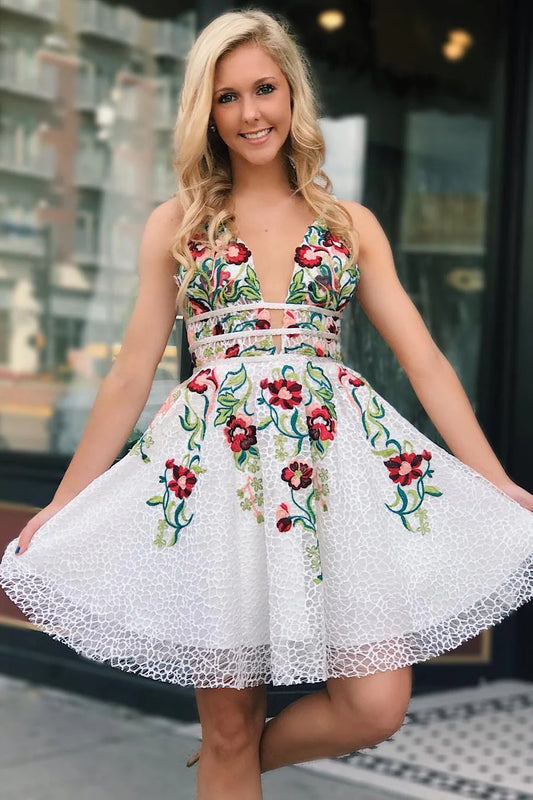 White lace V-neck floral print return backless short cocktail dress