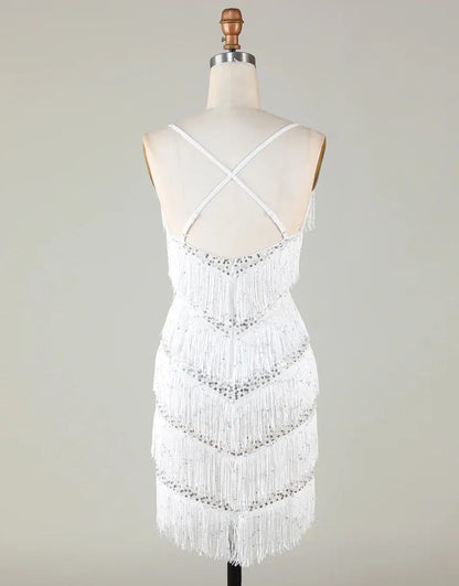 White sexy tight fitting V-neck sloping back to school dress with tassels