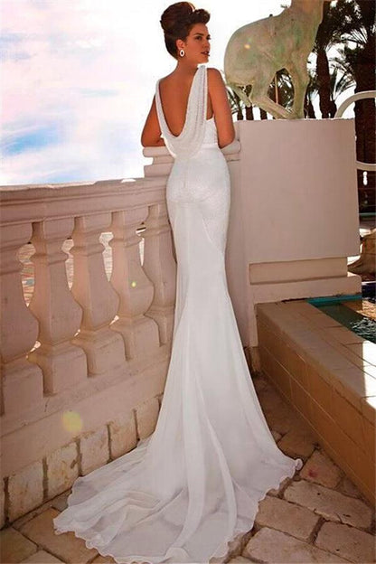 White V-Neck Bridal Dresses Mermaid Lace Sweep Train Backless Wedding Dresses