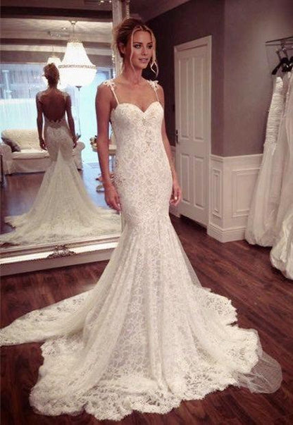 Lace Spaghetti Strap Mermaid Wedding Dress Latest Court Train Open Back Bridal Gowns