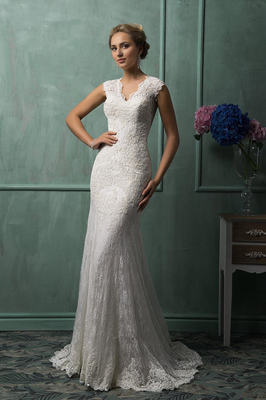 V-Neck Lace Mermaid Wedding Dress Cap Sleeve Custom Made Bridal Gown