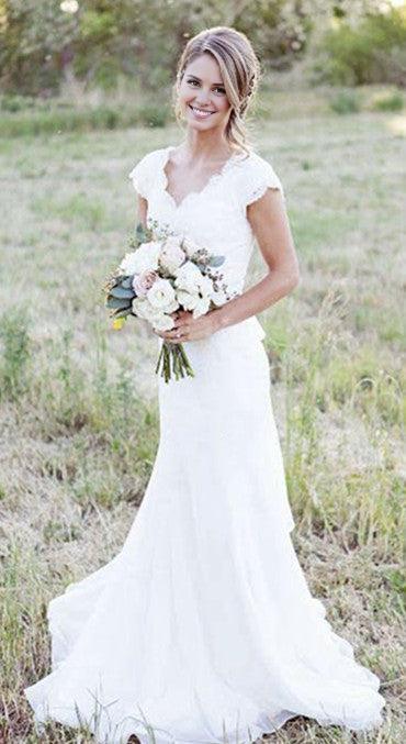 V-Neck White Lace Wedding Gowns Chiffon Short Sleeve Plus Size Bridal Dress