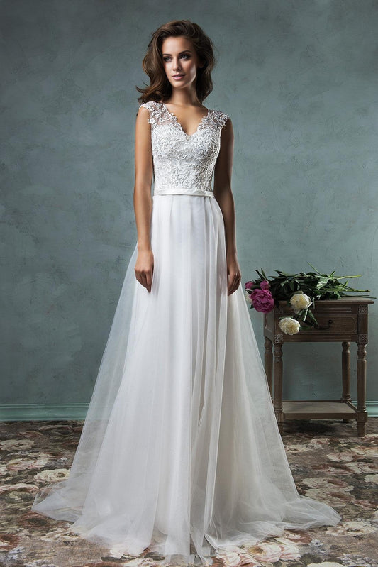 Lace Applique Bride Dress Latest Sweep Train Summer Beach Wedding Dress