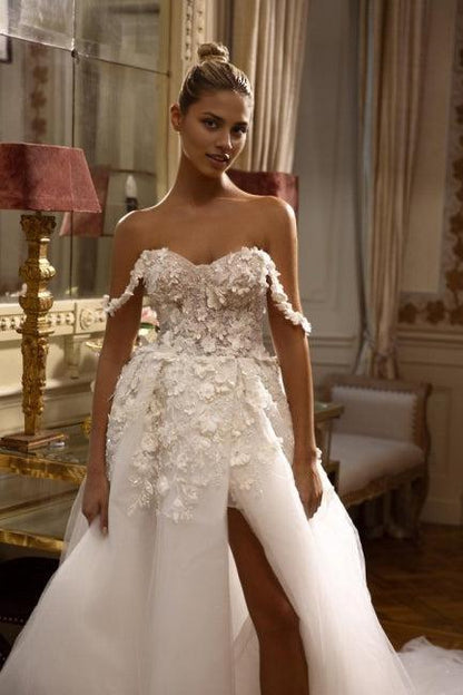 White off shoulder A-line lace bridal gown