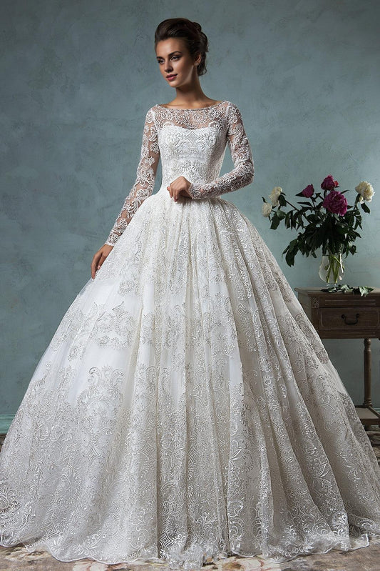 Long Sleeve Ball Gown Wedding Dress Lace Applique Princess Dress