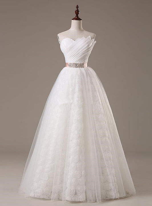 Lace Sash Wedding Dresses Lace-Up Bowknot Sleeveless Bridal Gowns