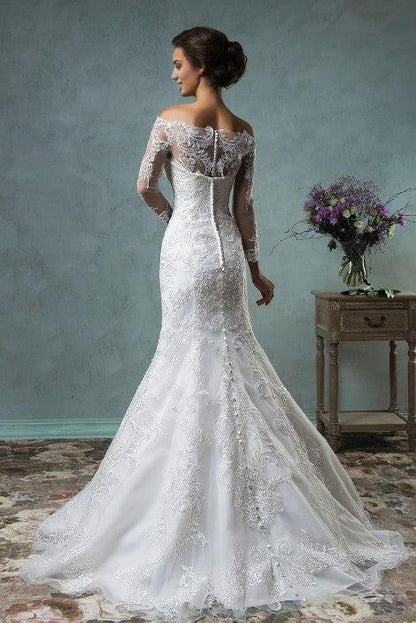 Off the Shoulder Detachable Train Wedding Dresses Long Sleeve Lace Bride Dress