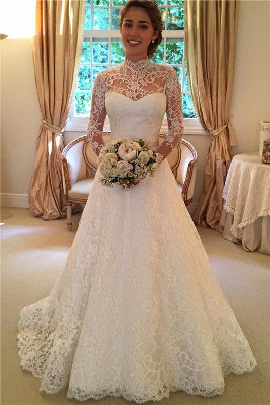 Lace Open Back Wedding Dress Vintage Long Sleeves Bridal Gown with Bow