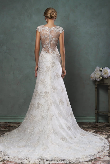 V-Neck Lace Bridal Gown Short Sleeve Custom Made Wedding Dress