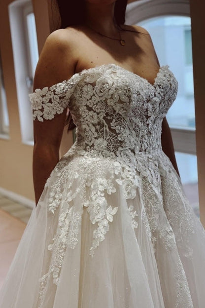 Off shoulder strapless A-line lace chiffon bridal gown