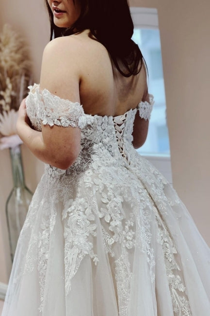 Off shoulder strapless A-line lace chiffon bridal gown