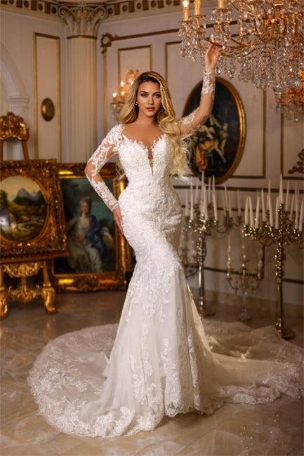 Long Mermaid V-neck Lace Wedding Dresses With Long Sleeves