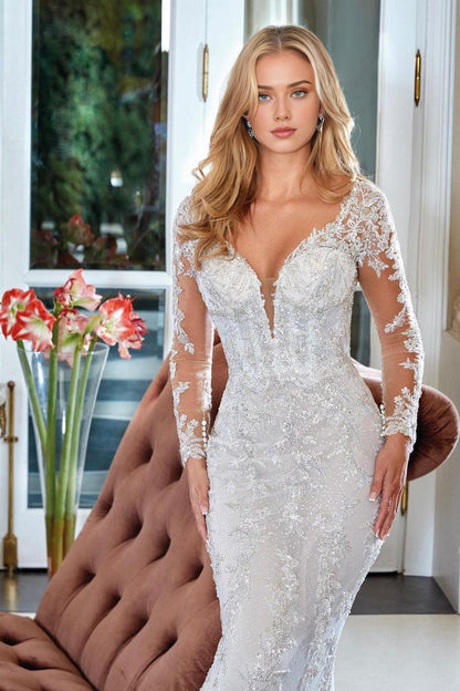 V-Neck Lace Backless Appliques Bridal Dresses With Long Sleeves