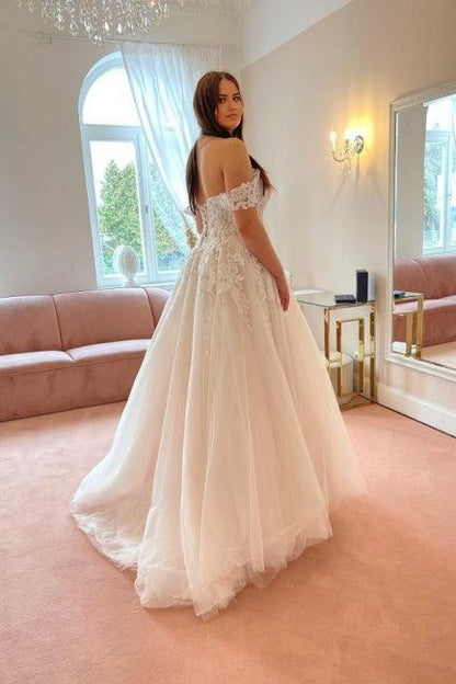 Off shoulder strapless A-line lace chiffon bridal gown