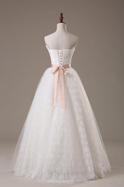 Lace Sash Wedding Dresses Lace-Up Bowknot Sleeveless Bridal Gowns