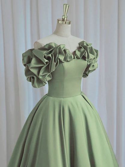 A-Line off Shoulder Satin Green Long Prom Dress Green Prom Dresses