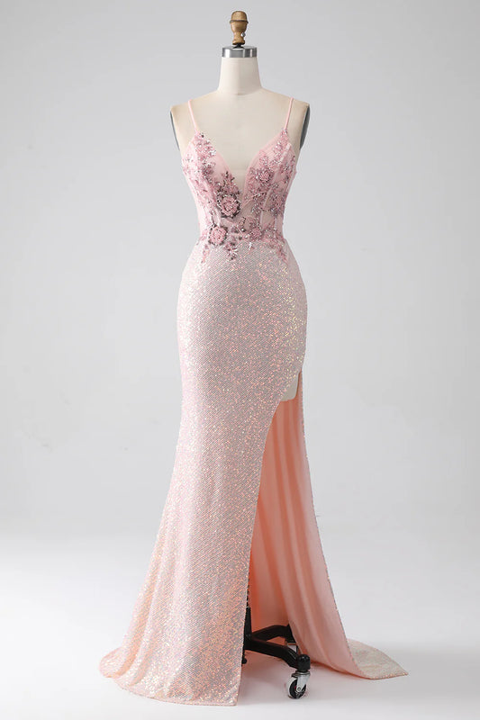 Sparkling pink beaded mermaid dance party cocktail dress