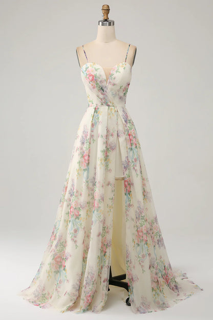 A-line Elegant Flower Print Ivory Split Ball Dress