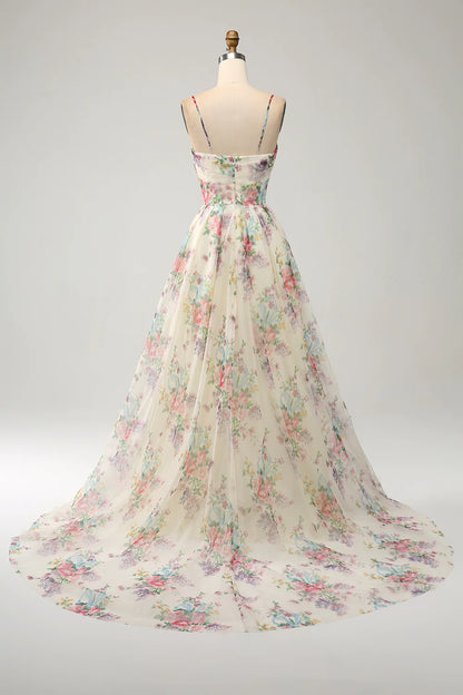 A-line Elegant Flower Print Ivory Split Ball Dress