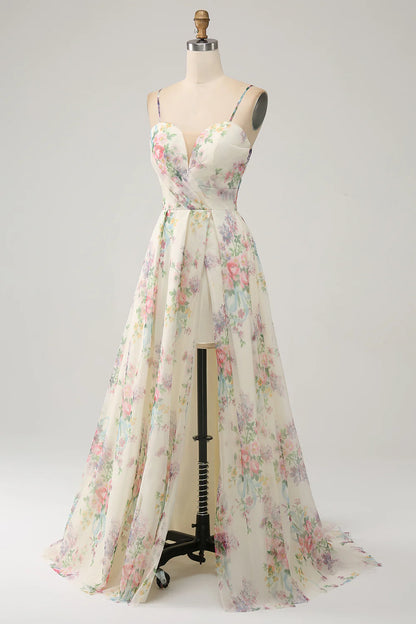 A-line Elegant Flower Print Ivory Split Ball Dress