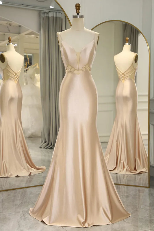 Simple Champagne Italian Noodle Strap Long Mermaid Satin Ball Dress