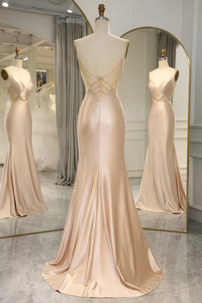 Simple Champagne Italian Noodle Strap Long Mermaid Satin Ball Dress