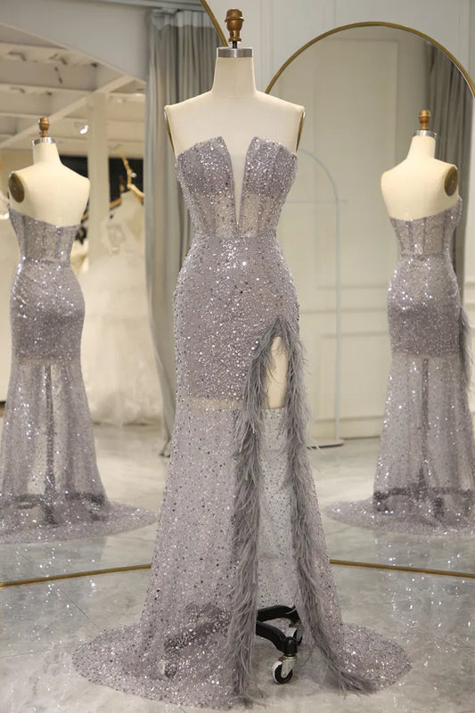 Sparkling and sexy gray strapless long mermaid dance dress with feathers and split ends