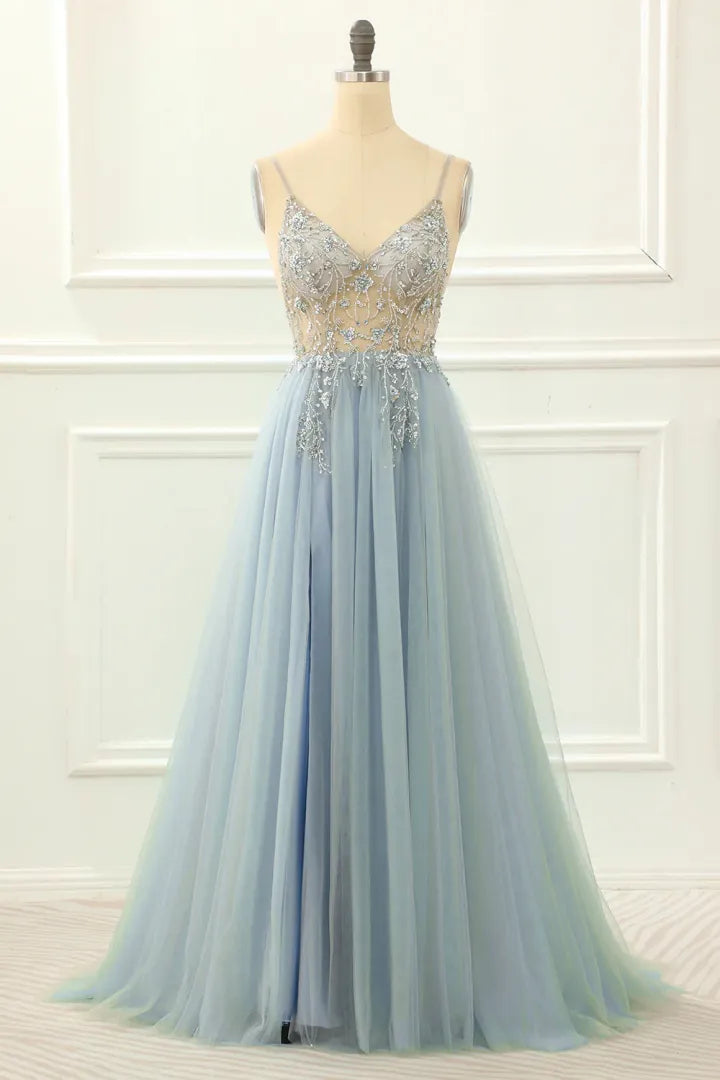 Gorgeous and generous sheer A-line Italian spaghetti strap dance long dress