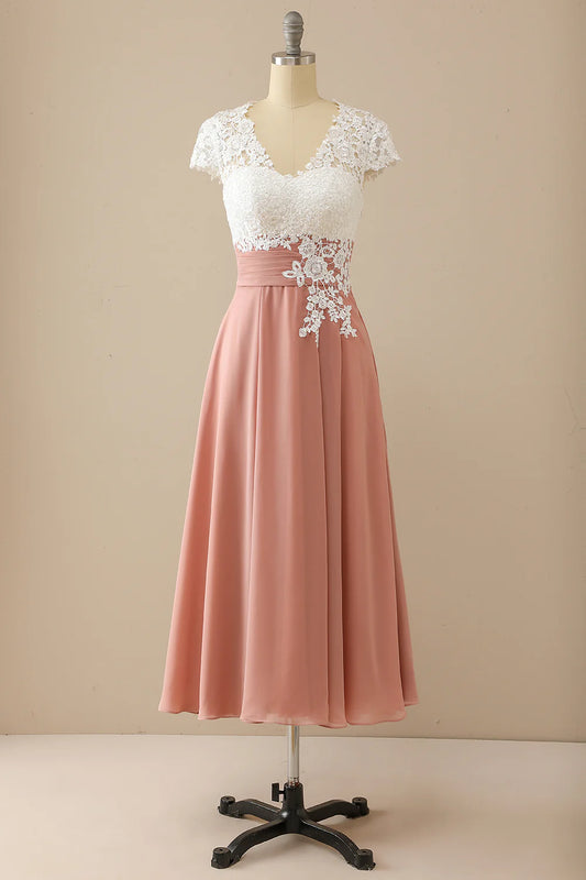 Elegant and slim fitting sweet V-neck bride mother dress with short sleeves