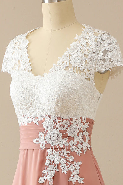 Elegant and slim fitting sweet V-neck bride mother dress with short sleeves