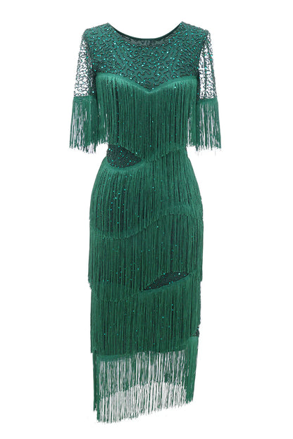 Elegant and high-end dark green round neck tassel bride's mother dress