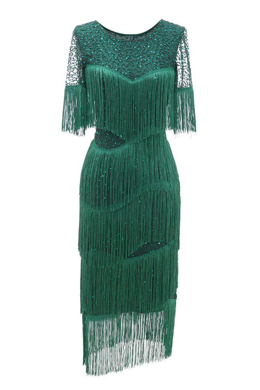 Elegant and high-end dark green round neck tassel bride's mother dress