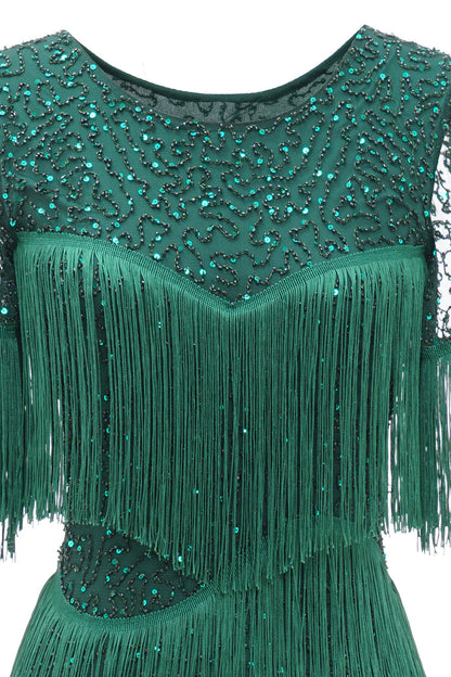 Elegant and high-end dark green round neck tassel bride's mother dress