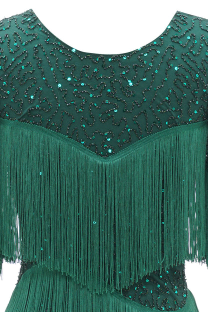 Elegant and high-end dark green round neck tassel bride's mother dress