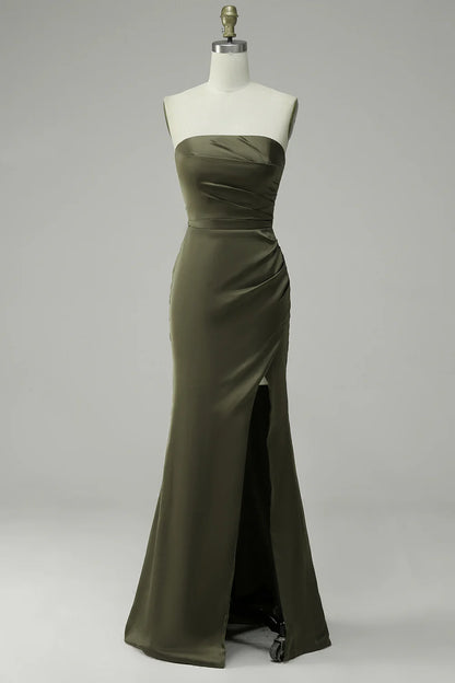 Green elegant strapless satin mermaid slit ball dress