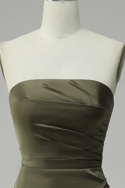 Green elegant strapless satin mermaid slit ball dress